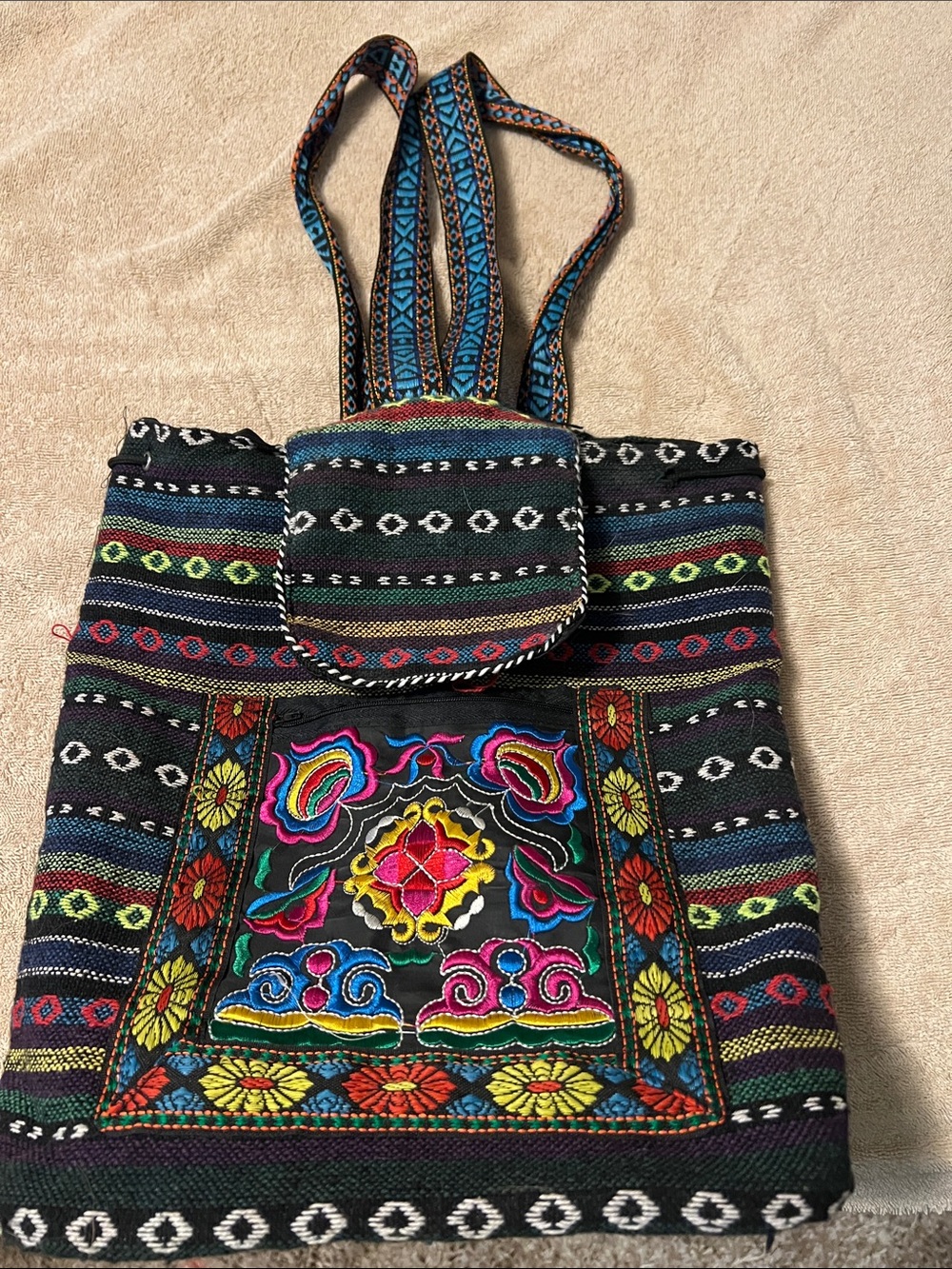 Embroidered Ethnic Black Multicolor Backpack Tote